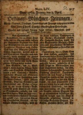 Ordinari-Münchner-Zeitungen (Süddeutsche Presse) Freitag 2. April 1762