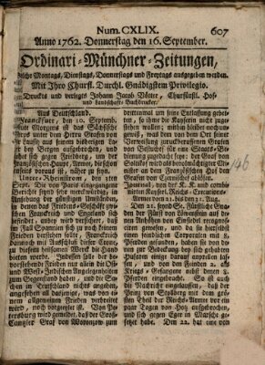 Ordinari-Münchner-Zeitungen (Süddeutsche Presse) Donnerstag 16. September 1762