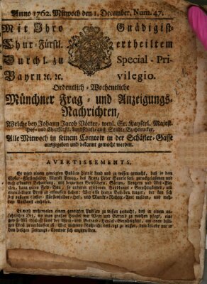 Ordinari-Münchner-Zeitungen (Süddeutsche Presse) Mittwoch 1. Dezember 1762