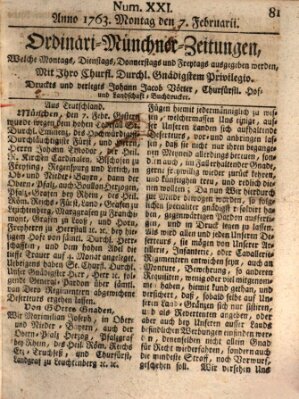 Ordinari-Münchner-Zeitungen (Süddeutsche Presse) Montag 7. Februar 1763