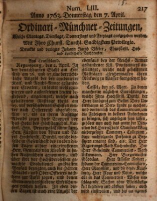 Ordinari-Münchner-Zeitungen (Süddeutsche Presse) Donnerstag 7. April 1763
