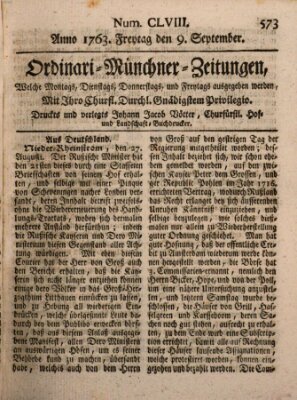 Ordinari-Münchner-Zeitungen (Süddeutsche Presse) Freitag 9. September 1763