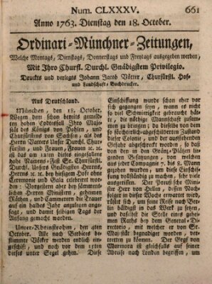 Ordinari-Münchner-Zeitungen (Süddeutsche Presse) Dienstag 18. Oktober 1763
