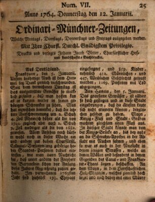 Ordinari-Münchner-Zeitungen (Süddeutsche Presse) Donnerstag 12. Januar 1764