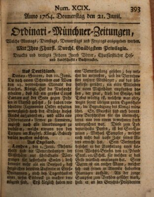 Ordinari-Münchner-Zeitungen (Süddeutsche Presse) Donnerstag 21. Juni 1764