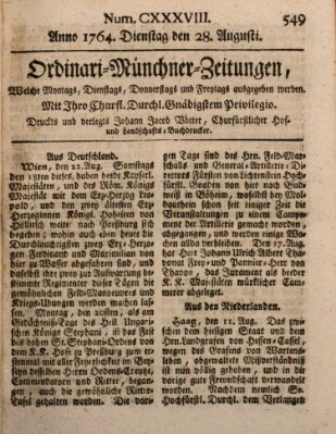 Ordinari-Münchner-Zeitungen (Süddeutsche Presse) Dienstag 28. August 1764