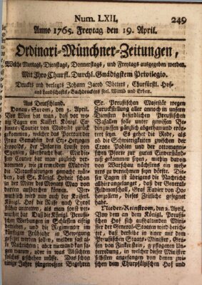 Ordinari-Münchner-Zeitungen (Süddeutsche Presse) Freitag 19. April 1765