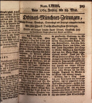 Ordinari-Münchner-Zeitungen (Süddeutsche Presse) Freitag 24. Mai 1765