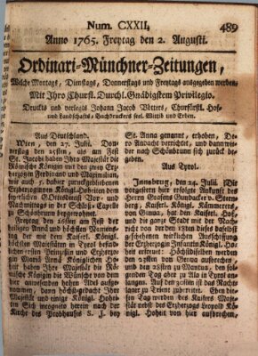 Ordinari-Münchner-Zeitungen (Süddeutsche Presse) Freitag 2. August 1765