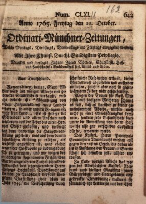 Ordinari-Münchner-Zeitungen (Süddeutsche Presse) Freitag 11. Oktober 1765