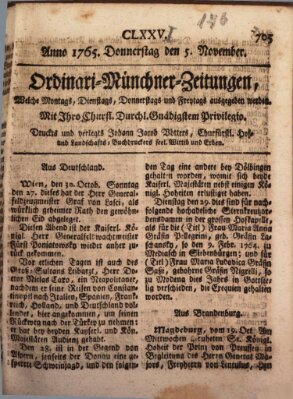Ordinari-Münchner-Zeitungen (Süddeutsche Presse) Dienstag 5. November 1765
