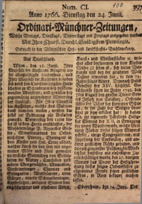 Ordinari-Münchner-Zeitungen (Süddeutsche Presse) Dienstag 24. Juni 1766