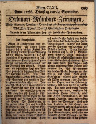 Ordinari-Münchner-Zeitungen (Süddeutsche Presse) Dienstag 23. September 1766