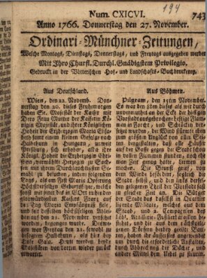 Ordinari-Münchner-Zeitungen (Süddeutsche Presse) Donnerstag 27. November 1766