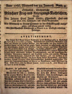 Ordinari-Münchner-Zeitungen (Süddeutsche Presse) Mittwoch 22. Januar 1766