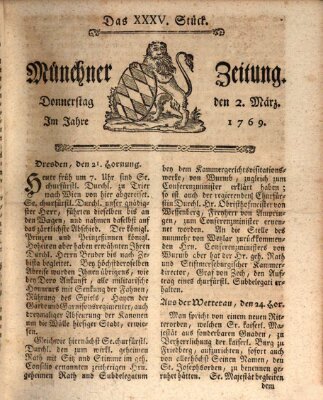 Münchner Zeitung (Süddeutsche Presse) Donnerstag 2. März 1769