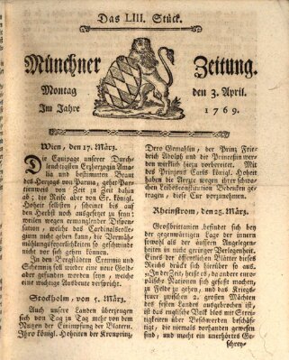 Münchner Zeitung (Süddeutsche Presse) Montag 3. April 1769