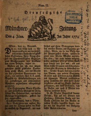 Münchner Zeitung (Süddeutsche Presse) Dienstag 4. Januar 1774