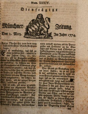 Münchner Zeitung (Süddeutsche Presse) Dienstag 1. März 1774