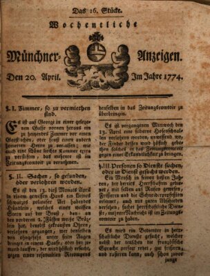 Münchner Zeitung (Süddeutsche Presse) Mittwoch 20. April 1774