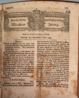 Kurfürstlich gnädigst privilegirte Münchner-Zeitung (Süddeutsche Presse) Montag 4. Juni 1787