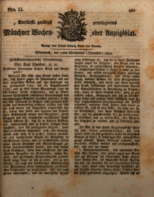 Kurfürstlich gnädigst privilegirte Münchner-Zeitung (Süddeutsche Presse) Mittwoch 22. Dezember 1790