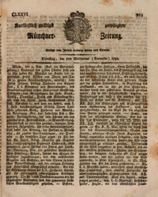 Kurfürstlich gnädigst privilegirte Münchner-Zeitung (Süddeutsche Presse) Dienstag 8. November 1791