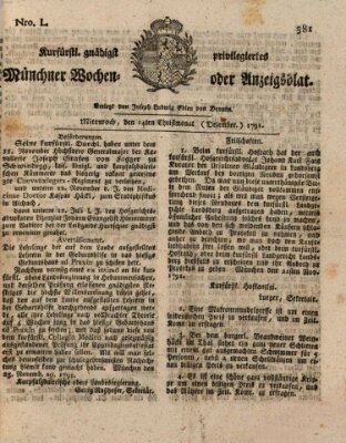 Kurfürstlich gnädigst privilegirte Münchner-Zeitung (Süddeutsche Presse) Mittwoch 14. Dezember 1791