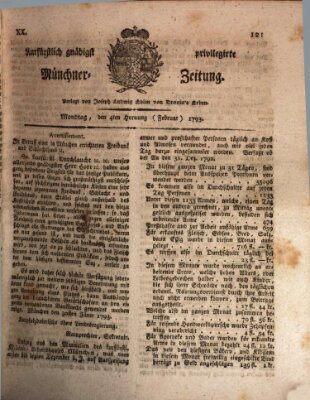 Kurfürstlich gnädigst privilegirte Münchner-Zeitung (Süddeutsche Presse) Montag 4. Februar 1793