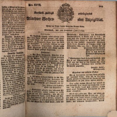Kurfürstlich gnädigst privilegirte Münchner-Zeitung (Süddeutsche Presse) Mittwoch 3. Juli 1793