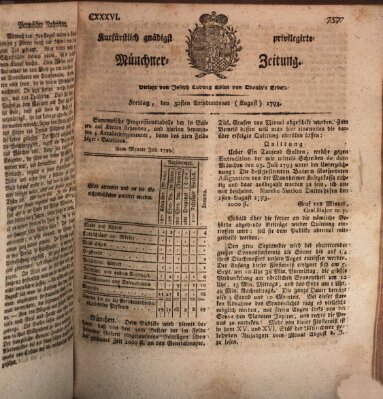 Kurfürstlich gnädigst privilegirte Münchner-Zeitung (Süddeutsche Presse) Freitag 30. August 1793