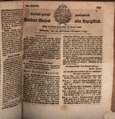 Kurfürstlich gnädigst privilegirte Münchner-Zeitung (Süddeutsche Presse) Mittwoch 4. September 1793