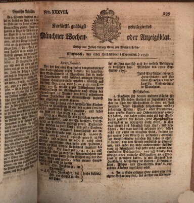 Kurfürstlich gnädigst privilegirte Münchner-Zeitung (Süddeutsche Presse) Mittwoch 18. September 1793