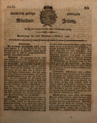 Kurfürstlich gnädigst privilegirte Münchner-Zeitung (Süddeutsche Presse) Donnerstag 13. Oktober 1796