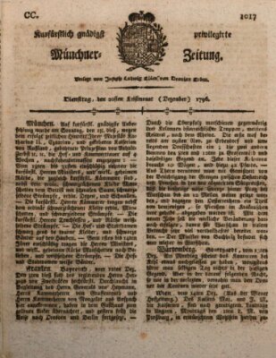 Kurfürstlich gnädigst privilegirte Münchner-Zeitung (Süddeutsche Presse) Dienstag 20. Dezember 1796