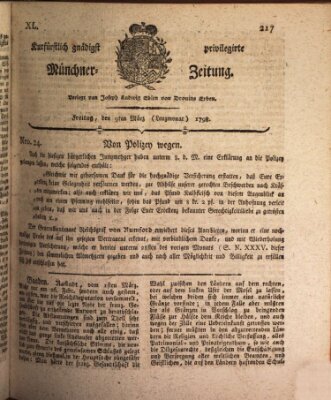 Kurfürstlich gnädigst privilegirte Münchner-Zeitung (Süddeutsche Presse) Freitag 9. März 1798