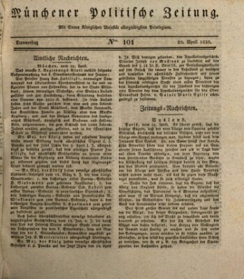 Münchener politische Zeitung (Süddeutsche Presse) Donnerstag 29. April 1830