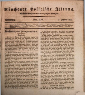 Münchener politische Zeitung (Süddeutsche Presse) Donnerstag 3. Oktober 1833