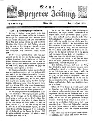 Neue Speyerer Zeitung Samstag 13. Juli 1839