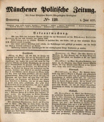 Münchener politische Zeitung (Süddeutsche Presse) Donnerstag 1. Juni 1837