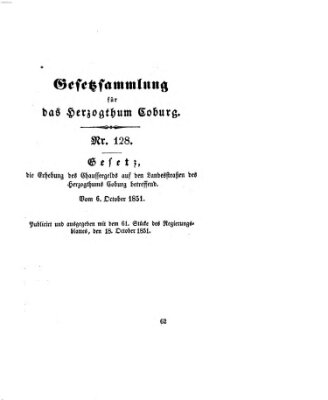 Gesetz-Sammlung für das Herzogtum Coburg (Coburger Regierungs-Blatt) Samstag 18. Oktober 1851