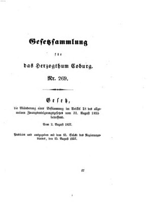 Gesetz-Sammlung für das Herzogtum Coburg (Coburger Regierungs-Blatt) Samstag 15. August 1857