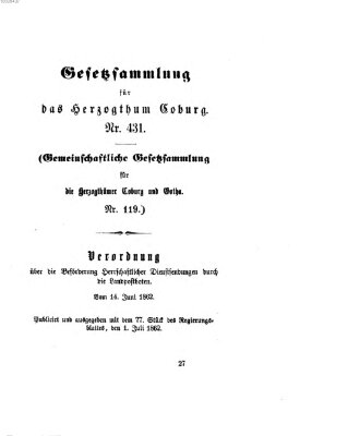 Gesetz-Sammlung für das Herzogtum Coburg (Coburger Regierungs-Blatt) Dienstag 1. Juli 1862