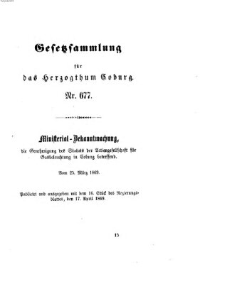 Gesetz-Sammlung für das Herzogtum Coburg (Coburger Regierungs-Blatt) Samstag 17. April 1869