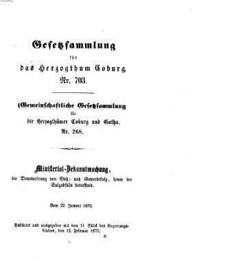 Gesetz-Sammlung für das Herzogtum Coburg (Coburger Regierungs-Blatt) Samstag 12. Februar 1870