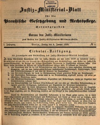 Justiz-Ministerialblatt für die preußische Gesetzgebung und Rechtspflege Freitag 4. Januar 1839