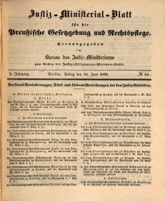 Justiz-Ministerialblatt für die preußische Gesetzgebung und Rechtspflege Freitag 14. Juni 1839