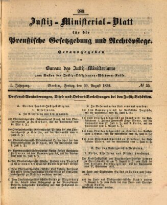 Justiz-Ministerialblatt für die preußische Gesetzgebung und Rechtspflege Freitag 30. August 1839