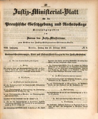 Justiz-Ministerialblatt für die preußische Gesetzgebung und Rechtspflege Freitag 27. Februar 1846