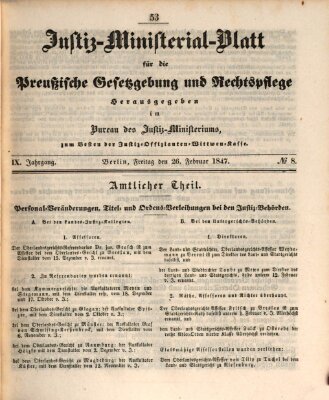 Justiz-Ministerialblatt für die preußische Gesetzgebung und Rechtspflege Freitag 26. Februar 1847